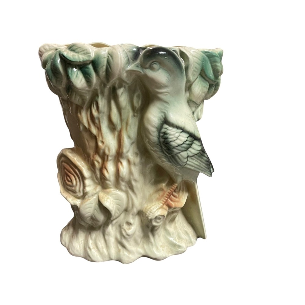 Vintage Bird & Tree Figurine Ceramic‎ Vase Light Pastel Green Blue Glaze 8.5x7"